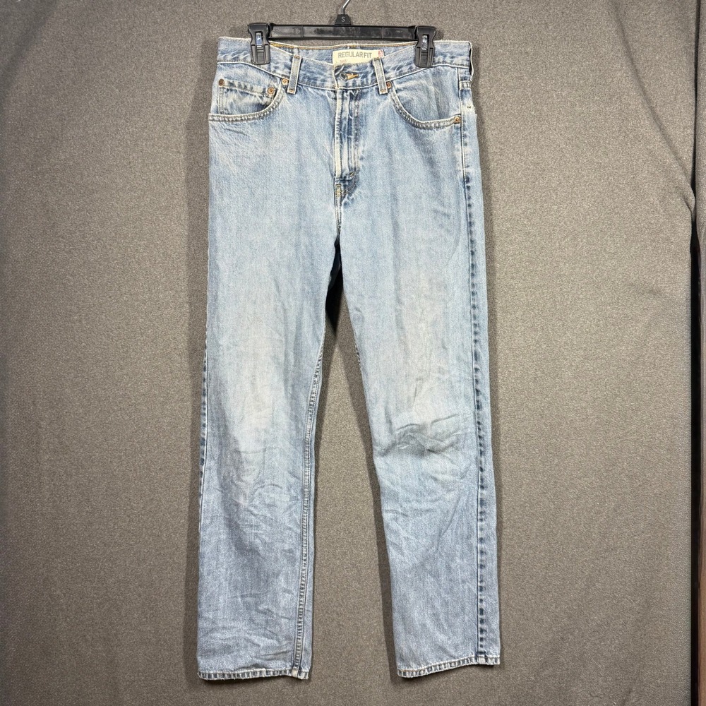 Levis 505 Regular Fit Jeans Mens 33x34 Light Wash Blue Denim Distressed Straight